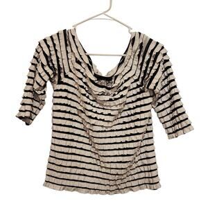 Baranda White Black Striped Ruffles 3/4 Sleeves Off The Shoulder Blouse Size XL